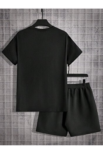 Boi Los Angeles Handwritten T-Shirt Shorts - Black Shorts T-Shirt Bottom Top Set Printed Crew Neck