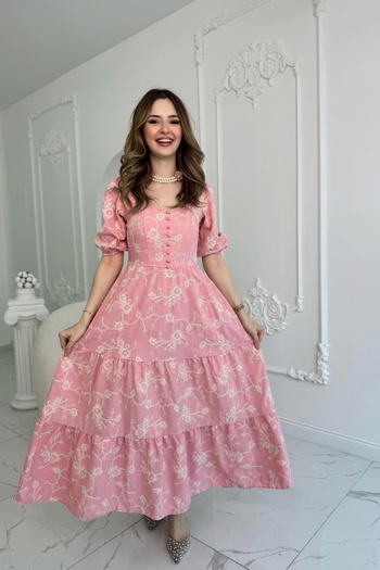 HELİS BUTİK Pink Ornamental Button Balloon Sleeve Dress