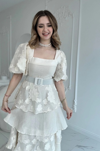 HELİS BUTİK Φόρεμα με μπαλόνι με τετράγωνο γιακά Princess Beige