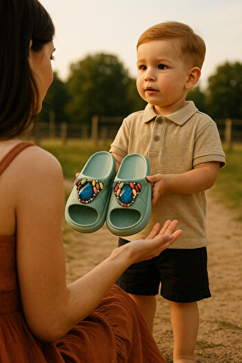 AkınalBella Green Special Designed Stone Eva Women's Slippers Sea Coast Daily Indoor and Outdoor Slippers