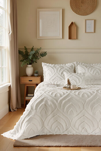 Odamoda Jun Double Bedspread Set Ecru - Nordic Bohemian Tassel Cover Set - Stylish Box and Package
