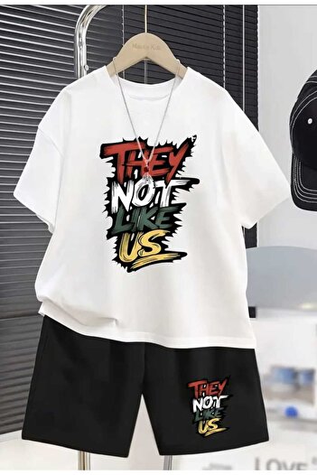 Renna Mood Boy's White-Black They Not Like Us Printed Shorts-Tshirt Set