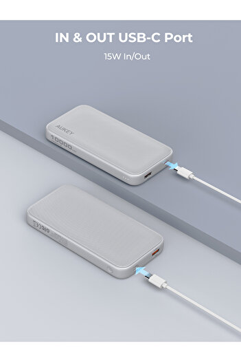 AUKEY PB-Y46 Spark Go 10,000mAh, 15W PD, Fast Charging Power Bank,1xUSB-A and 1xUSB-C, White.