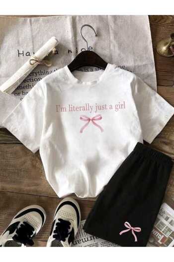Renna Mood Girl's White-Black Literally Ribbon Printed Shorts-Tshirt Set