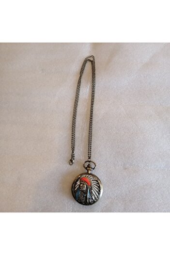 Butik Tülin Unisex Authentic Bronze Multicolor Enamel Indian Chief with Head Shackle Pocket Watch Necklace Made in Thailand