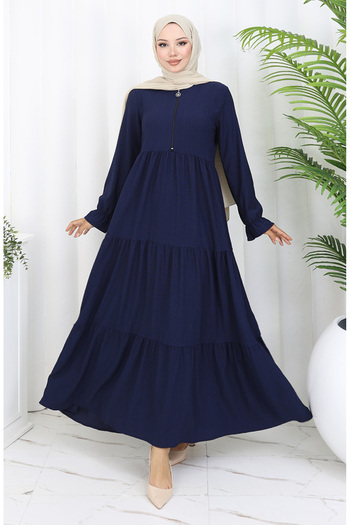 sefamerve Wrapped Fabric Zippered Dress 6999-01 Navy Blue