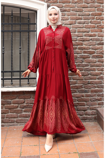 sefamerve Half Button Long Patch Dress 5579-03 Burgundy