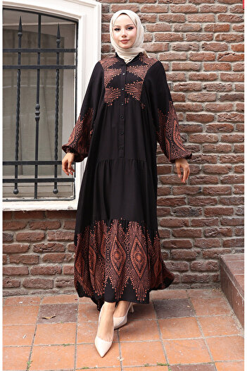 sefamerve Half button long placket dress 5579-02 black