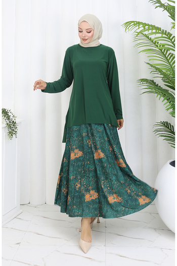 sefamerve Sandy Fabric Tunic Skirt Double Set 2073-03 Emerald Green