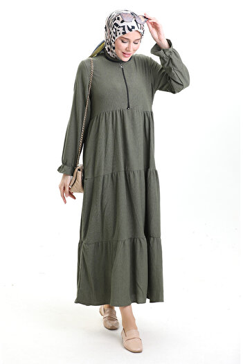 sefamerve Wrapped Fabric Zippered Dress 6999-02 Khaki