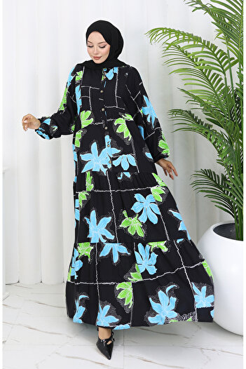 sefamerve Alaçatı Patterned Half Button Viscose Dress 2085-02 Black Green