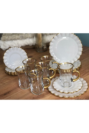 B&M Isabella Patterned Curved 18 Piece Tea Enjoyment Set (Cup with Handle)