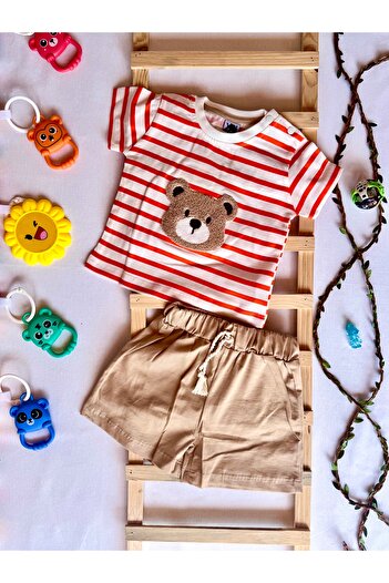 KapsülBebek 100% Cotton Baby & Kids Summer Set of 2 – Striped Teddy Bear T-Shirt, Shorts Set, Comfortable Fit Unisex