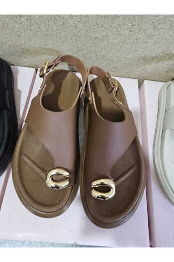 CİMİLİ SHOES Women's Leather Casual Gold Ring Flip Flops Sandals