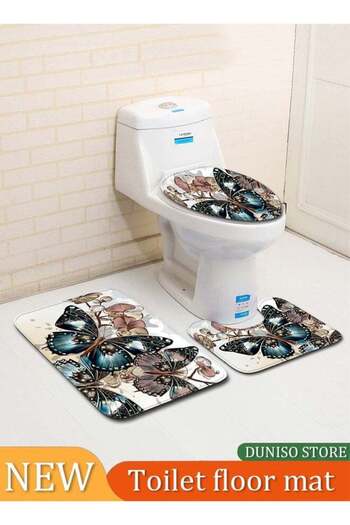 Generic 3 PCS Bathroom Rugs Set，Included Butterfly Flower Bath Rugs Toilet Lid Cover and U-Shaped Contour