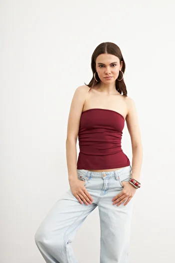 Bipantolon Women's Burgundy Strapless Side Slit Modal Soft Textured Blouse