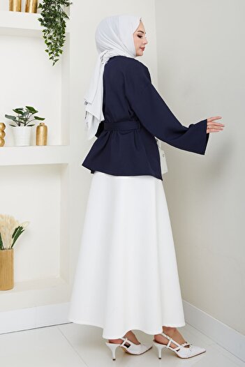 InStyle Kuşaklı Tek Düğmeli Double Kimono Lacivert
