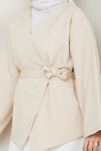 InStyle Kuşaklı Tek Düğmeli Double Kimono Taş