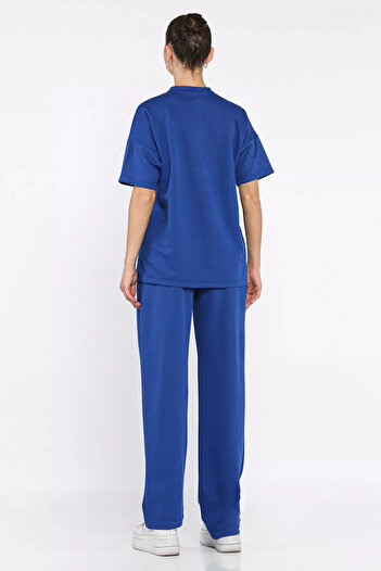 julude Saxblue Women's Heart Embroidered Crew Neck T-Shirt Pants Double Suit
