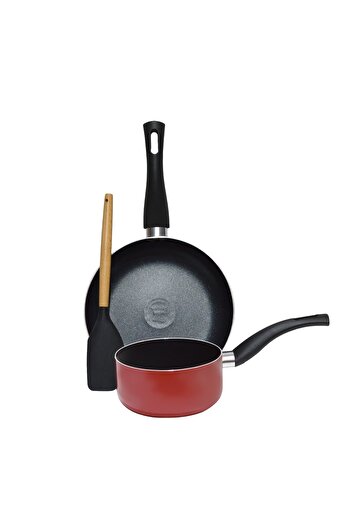 Sweet Home Non-Stick 3 pcs Cookware Set with Frypan and Sauce Pan - Heat-Resistant Handle, Laddle Included