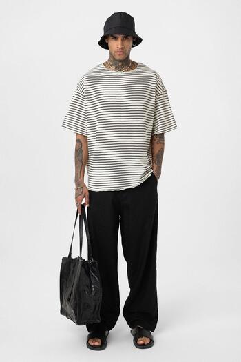 VAMOSCLO Ριγέ Oversize Πλεκτό T-Shirt Μαύρο