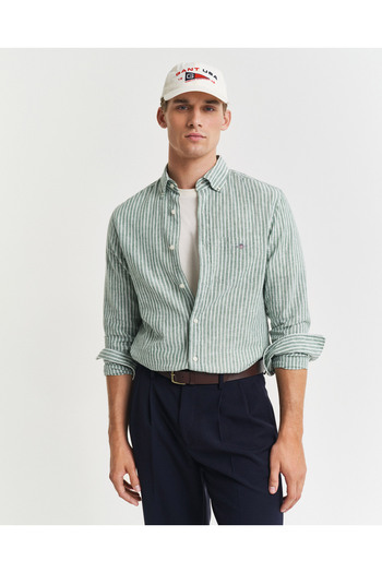 Gant Erkek Yeşil Regular Fit Düğmeli Yaka Çizgili Gömlek