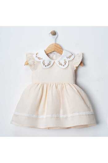 VİYOLİNA Collar Embroidered Linen Luxury Dress