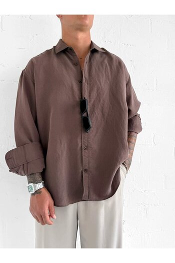 ablukaonline Ανδρικό Premium ριγέ μακρυμάνικο πουκάμισο Oversize καφέ