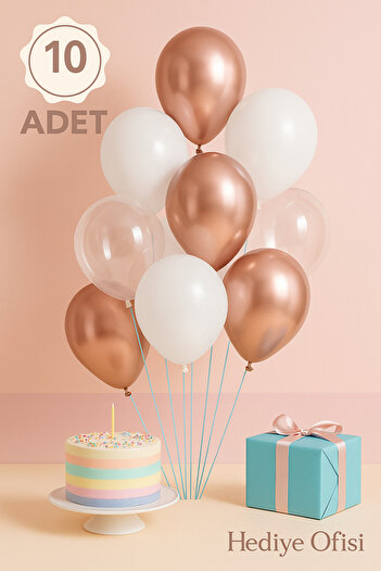 hediyeofisi Set of 10 Rose Gold Balloons – 4 Chrome Rose Gold + 3 Pastel White + 3 Transparent Balloons