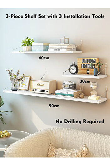 Old_Feller 3-Piece Wooden Floating Shelves with Metal Brackets - Wall Mounted Book Shelf