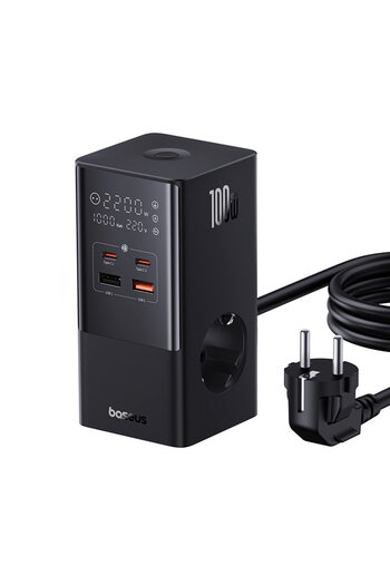 Baseus PowerCombo mains charger, with extension cord, 100W, 2x AC, 2x USB-C, 2x USB-A, 1.5m, Black