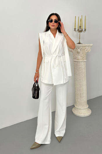 spirituel Women's Top and Bottom Double Suit Shoulder Detailed Belted Vest Pants Suit