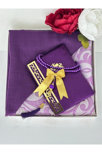 Markapolin Dowry Gift Luxury Prayer Rug Set – Yasin, Prayer Beads, Headscarf Purple