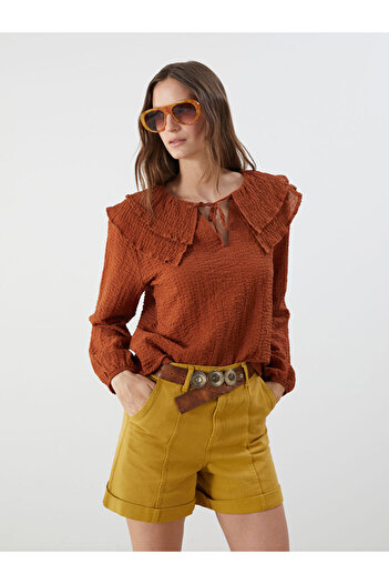 LC Waikiki Brown Tie Collar Textured Blouse