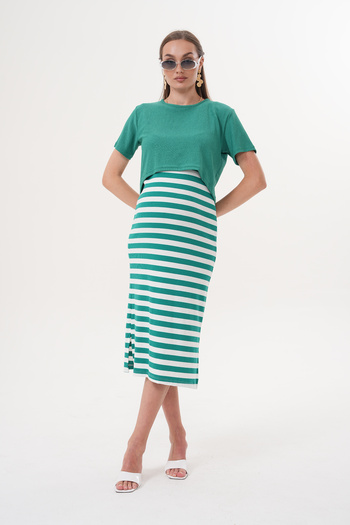 Miss Dünya Lissa Short Sleeve Striped Ribbed Camisole Maternity and Maternity T-Shirt Dress Set