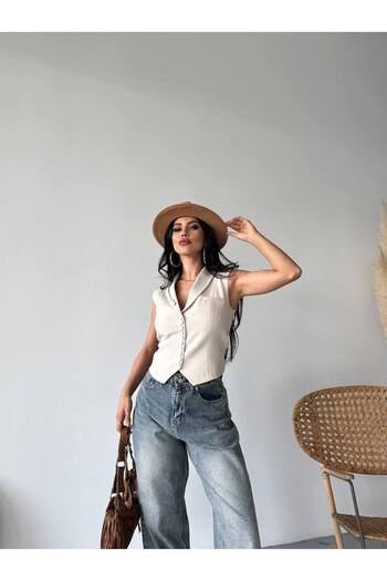 ZF BUTİK Blazer Vest Jacket with Button Detail at the Collar