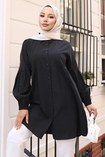 hafsamina Gathered Detailed Balloon Sleeve Shirt Black Hm2763