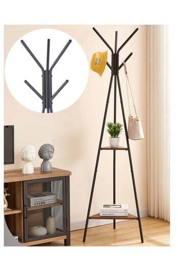 fulina Three-Pronged Coat Rack Freestanding,Hall Tree With 2 Shelves,For Clothes,Hat,Bag,Black,180x50cm