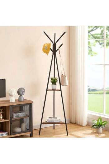 COOYA 3-Pronged Coat Rack Freestanding With 2 Shelves, For Clothes, Hat, Bag,Black 180 Cm