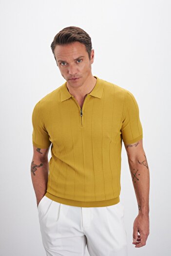 Paşahan Zippered Polo Neck Stripe Patterned Knitwear Men's T-Shirt