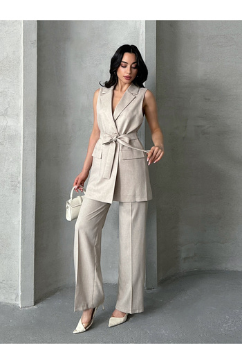 MD trend Women's Belted Buttoned Vest Pants Suit