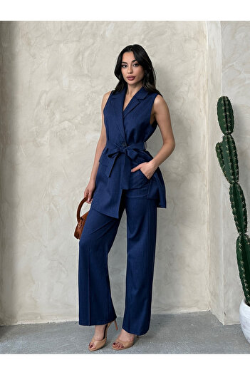 MD trend Women's Belted Buttoned Vest Pants Suit