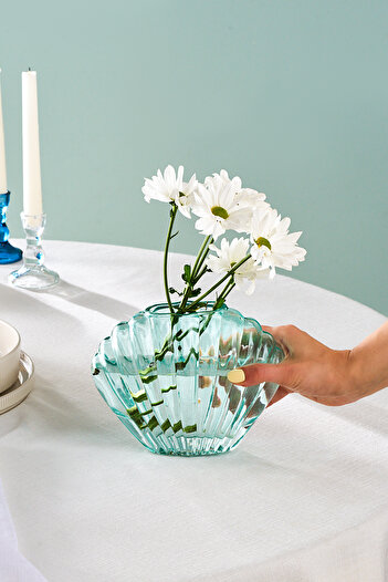 Karaca Marine Seashell Glass Vase Turquoise 14X8X19 cm