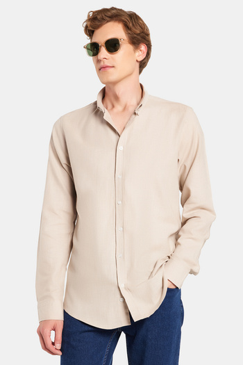 Tudors Men's Slim Fit Stone Colored Shirt - Long Sleeve, 100% Cotton Linen, Buttoned Collar