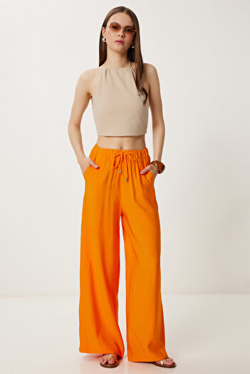 Happiness İstanbul Women's Orange Wide Leg Comfortable Summer Pants Wf00117