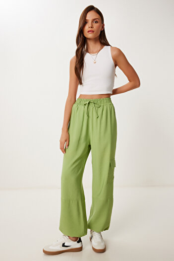 Happiness İstanbul Women's Pistachio Green Pocket Linen Cargo Pants Mx00212