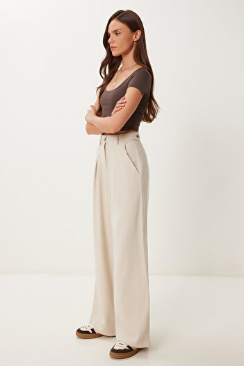 Happiness İstanbul Women's Cream Linen Blend Wide Leg Pants Mx00211