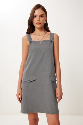 Happiness İstanbul Women's Anthracite Mini Woven Salopet Dress Mx00208