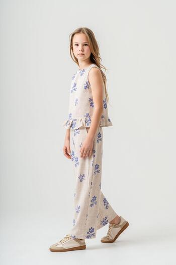 Magu Girl's Ecru Floral Patterned Poplin Linen Blouse and Pants Set