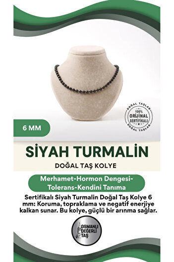 OSMANLI DEĞERLİ TAŞ Sertifikalı Siyah Turmalin Doğaltaş Kolye 6 Mm, M593